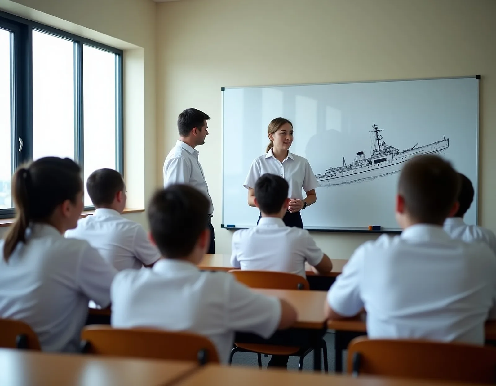 Cadets in white shirts listening to an instructor beside a whiteboard with a ship diagram