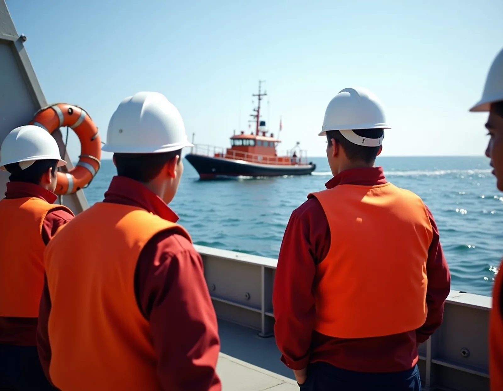 Cadets in orange lifejackets and white helmets gathered beside an enclosed lifeboat during a drill