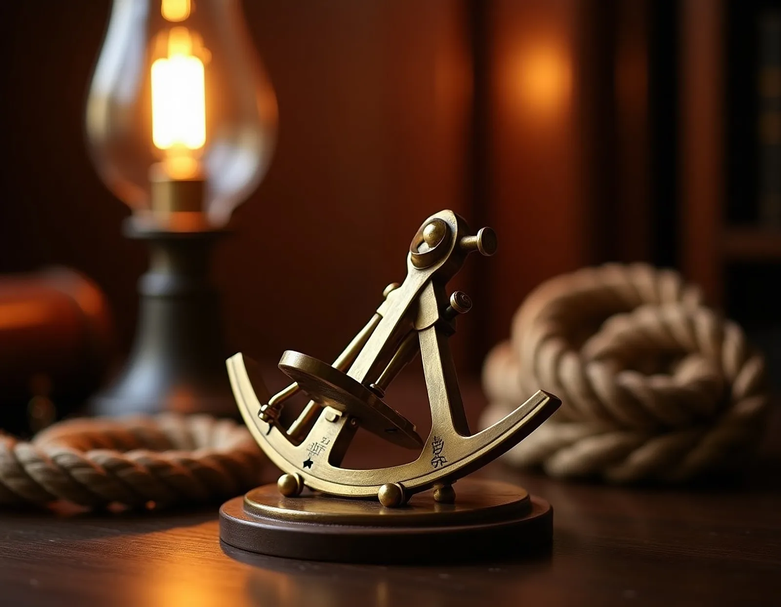 Brass marine sextant on a dark wooden desk beside coiled rope and an oil lamp